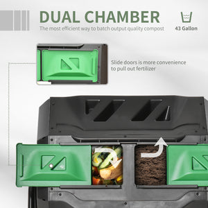 43 Gallon (160L) Tumbling Compost Bin Outdoor Dual Chamber 360° Rotating Composter with Sliding Doors, Solid Steel Frame and Gloves, Green