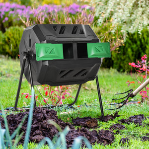 43 Gallon (160L) Tumbling Compost Bin Outdoor Dual Chamber 360° Rotating Composter with Sliding Doors, Solid Steel Frame and Gloves, Green