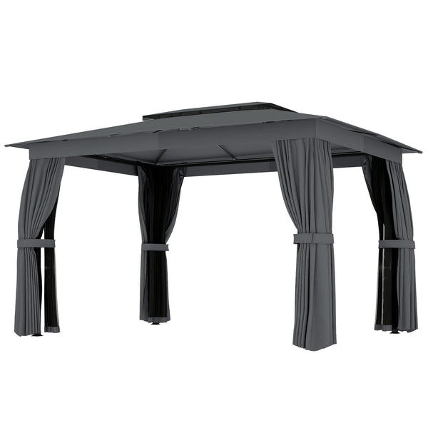10' x 12' Outdoor Patio Gazebo, Soft Top Gazebo Canopy Shelter with Double Roof, Curtains, Netting, Steel Frame, UPF30+ Protection, Ceiling Hooks for Lawn, Backyard, Deck, Dark Gray