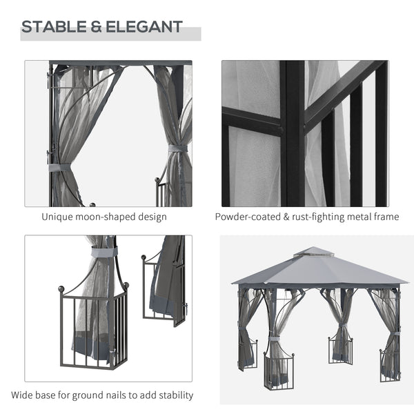 3 x 3m Garden Gazebo Patio Party Tent Shelter Outdoor Canopy Double Tier Sun Shade with Metal Frame and Netting, Light Grey
