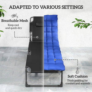 Lounge Chair Outdoor Set of 2, 75 cm Wide Folding Chaise Lounge Tanning Chair, 5-Position Beach Patio Lounger Camping Cot Bed with Cushion, Side Pocket, Dark Grey/Blue