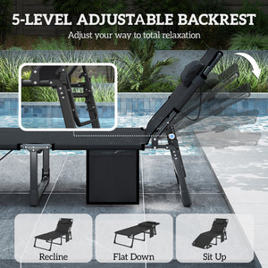 Lounge Chair Outdoor Set of 2, 75 cm Wide Folding Chaise Lounge Tanning Chair, 5-Position Beach Patio Lounger Camping Cot Bed with Cushion, Side Pocket, Dark Grey/Blue
