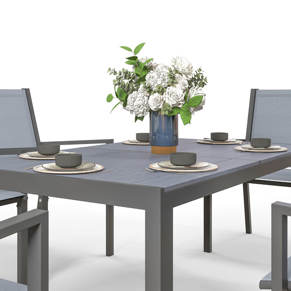 6 Seater Garden Dining Set with Stackable Armchairs, WPC Top Dining Table, Outdoor Table and Chairs, Garden Furniture Set, Light Grey