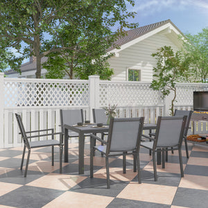6 Seater Garden Dining Set with Stackable Armchairs, WPC Top Dining Table, Outdoor Table and Chairs, Garden Furniture Set, Light Grey