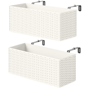 2 Pack Railing Planter Box, 20 Inch Hanging Flower Pots with Hooks and Drainage Hole, Rectangular Planters for Fence, Balcony, Garden, Patio, Rattan Look, White