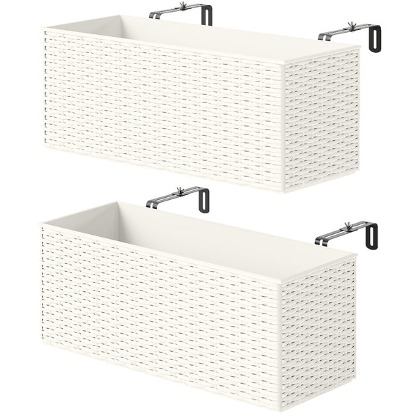 2 Pack Railing Planter Box, 20 Inch Hanging Flower Pots with Hooks and Drainage Hole, Rectangular Planters for Fence, Balcony, Garden, Patio, Rattan Look, White