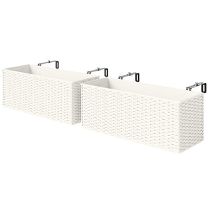 2 Pack Railing Planter Box, 20 Inch Hanging Flower Pots with Hooks and Drainage Hole, Rectangular Planters for Fence, Balcony, Garden, Patio, Rattan Look, White