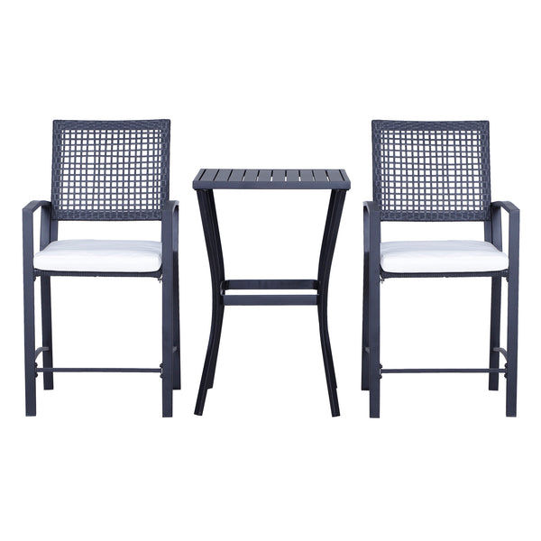 3 Pieces Outdoor Wicker Bar Set, Classic Bistro Bar Set Garden Rattan Style Patio Bar Table & High Chairs w/ Cushions Home Bar Furniture, Cream White