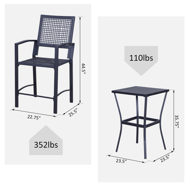 3 Pieces Outdoor Wicker Bar Set, Classic Bistro Bar Set Garden Rattan Style Patio Bar Table & High Chairs w/ Cushions Home Bar Furniture, Cream White