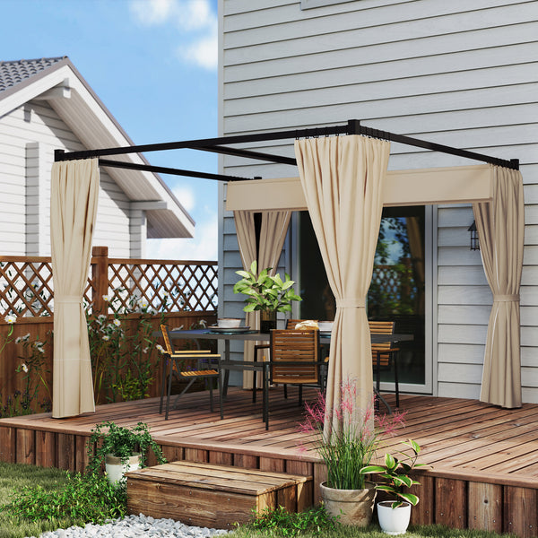 3 x 3(m) Pergola with Retractable Roof Canopy and Curtains, Metal Frame Garden Gazebo Outdoor Sun Shade Shelter for Grill, Patio, Deck, Beige