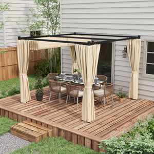 10' x 10' Pergola with Retractable Pergola Canopy and Curtains, Metal Frame Garden Gazebo Outdoor Sun Shade Shelter for Grill, Patio, Deck, Beige