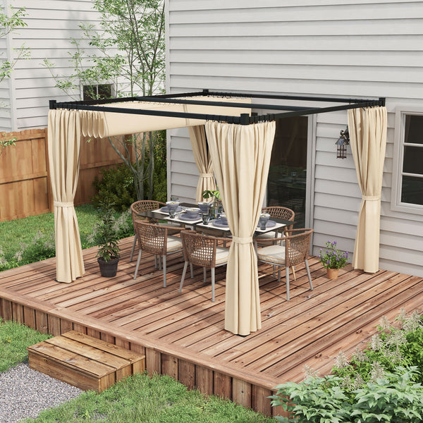 10' x 10' Pergola with Retractable Pergola Canopy and Curtains, Metal Frame Garden Gazebo Outdoor Sun Shade Shelter for Grill, Patio, Deck, Beige