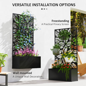 Metal Raised Garden Bed with Trellis for Climbing Plants, Freestanding or Wall Mounted Flower Bed with Privacy Panel, Small Leaves Cut-Outs Outdoor Planter Box for Garden, Patio, Balcony