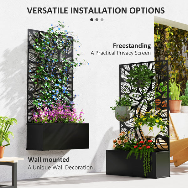 Metal Raised Garden Bed with Trellis for Climbing Plants, Freestanding or Wall Mounted Flower Bed with Privacy Panel, Small Leaves Cut-Outs Outdoor Planter Box for Garden, Patio, Balcony