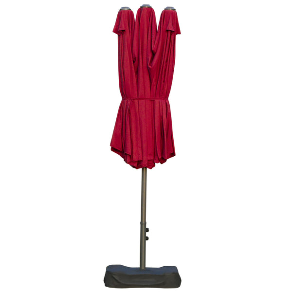 15' Outdoor Patio Umbrella with Twin Canopy Sunshade Steel Table Umbrella with Lift Crank, Cross base, Sandbag, Wine Red