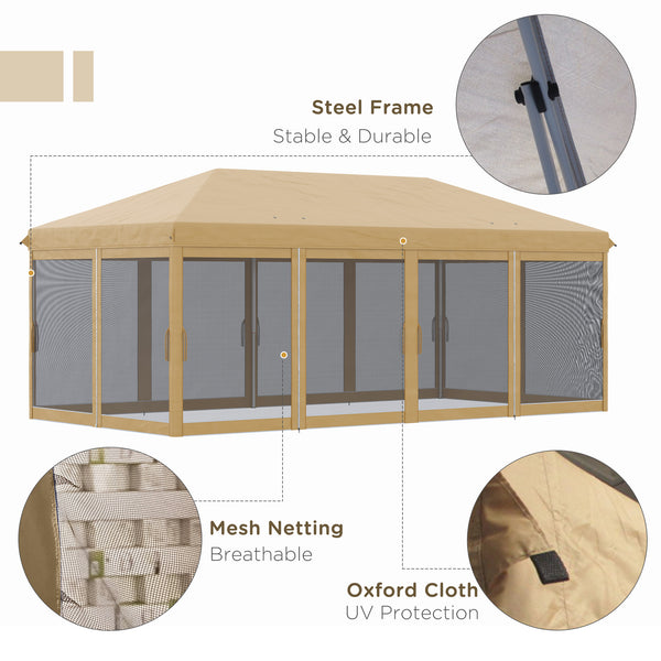 3 x 6m Pop Up Gazebo, Outdoor Canopy Shelter, Marquee Party Wedding Tent with 6 Mesh Walls and Carry Bag, Beige