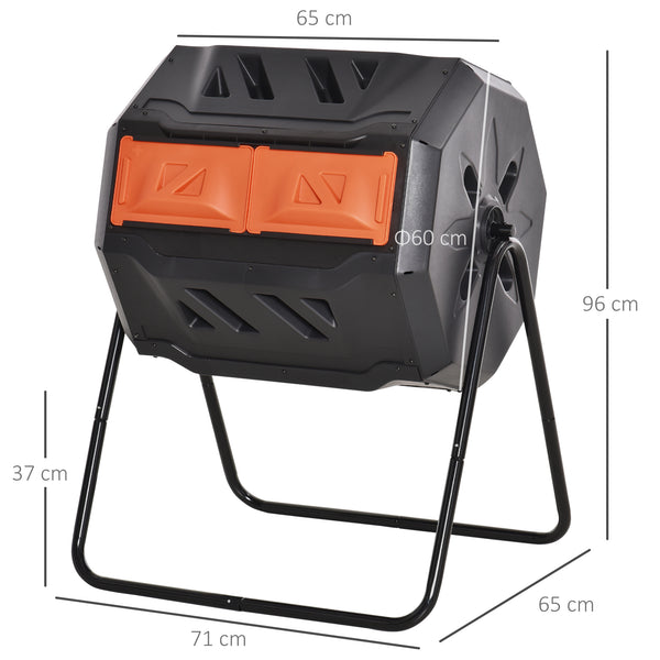 160L Tumbling Compost Bin Outdoor Dual Chamber 360° Rotating Composter, Garden Compost Bin w/ Sliding Doors & Solid Steel Frame, Orange