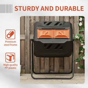 43 Gallon (160L) Tumbling Compost Bin Outdoor Dual Chamber 360° Rotating Composter with Sliding Doors, Solid Steel Frame and Gloves, Orange