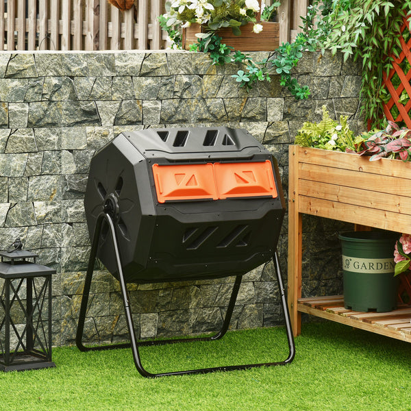 160L Tumbling Compost Bin Outdoor Dual Chamber 360° Rotating Composter, Garden Compost Bin w/ Sliding Doors & Solid Steel Frame, Orange