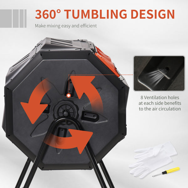160L Tumbling Compost Bin Outdoor Dual Chamber 360° Rotating Composter, Garden Compost Bin w/ Sliding Doors & Solid Steel Frame, Orange