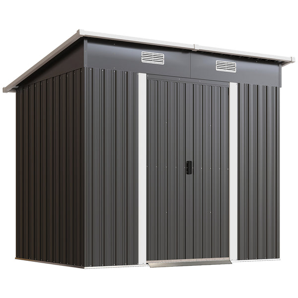 7 x 4ft Outdoor Storage Shed with Foundation Kit, Lean to Metal Garden Shed for Log, Rubbish Bin, Tool, Lawnmower, Bike, Patio Use, Black