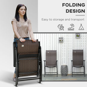 Set of 2 Outdoor Wicker Folding Chairs, Patio PE Rattan Dining Armrests Chair set with 7 Levels Adjustable Backrest, for Outdoors, Camping, Brown