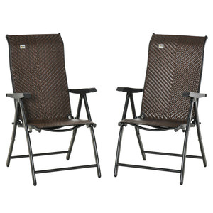 Set of 2 Outdoor Wicker Folding Chairs, Patio PE Rattan Dining Armrests Chair set with 7 Levels Adjustable Backrest, for Outdoors, Camping, Brown
