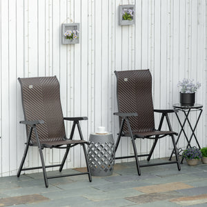 Set of 2 Outdoor Wicker Folding Chairs, Patio PE Rattan Dining Armrests Chair set with 7 Levels Adjustable Backrest, for Outdoors, Camping, Brown