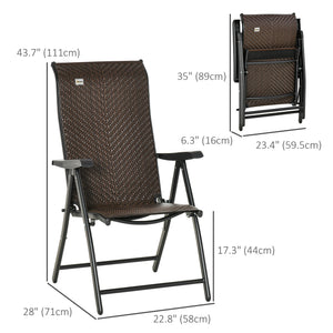 Set of 2 Outdoor Wicker Folding Chairs, Patio PE Rattan Dining Armrests Chair set with 7 Levels Adjustable Backrest, for Outdoors, Camping, Brown