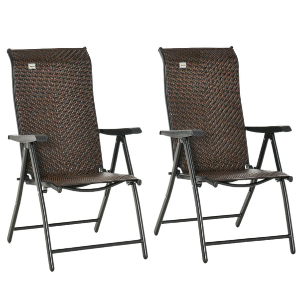Set of 2 Outdoor Wicker Folding Chairs, Patio PE Rattan Dining Armrests Chair set with 7 Levels Adjustable Backrest, for Outdoors, Camping, Brown