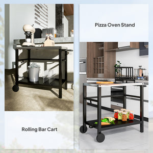Outdoor Grill Dining Cart with Stainless Steel Tabletop, 2-Shelf BBQ Movable Pizza Oven Stand with Shelf, Hooks, Wheels, Charcoal Grey
