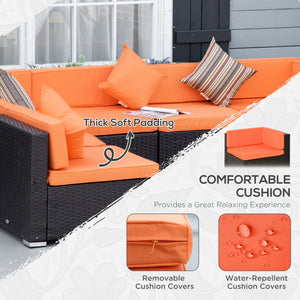 7 Piece Patio Furniture Set, PE Rattan Outdoor Conversation Set with Sectional Sofa, Glass Tabletop, Cushions and Pillows for Garden, Lawn, Deck, Coffee and Orange