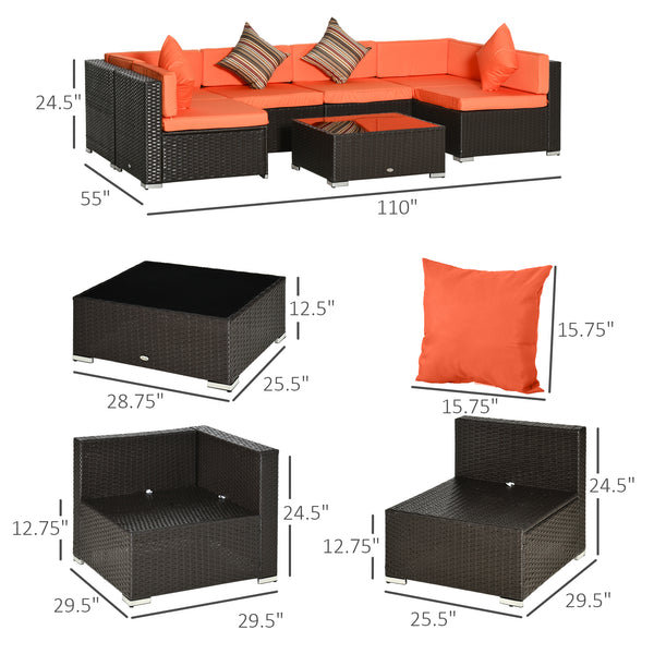 7 Piece Patio Furniture Set, PE Rattan Outdoor Conversation Set with Sectional Sofa, Glass Tabletop, Cushions and Pillows for Garden, Lawn, Deck, Coffee and Orange
