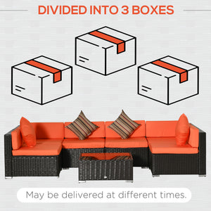 7 Piece Patio Furniture Set, PE Rattan Outdoor Conversation Set with Sectional Sofa, Glass Tabletop, Cushions and Pillows for Garden, Lawn, Deck, Coffee and Orange