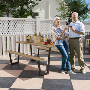 Outdoor Picnic Table Bench Set with 2" Umbrella Hole, 5.7 FT Picnic Dining Table and 794 LBS Benches with Spruce Wood Tabletop and Steel Frame for Patio, Backyard, Brown