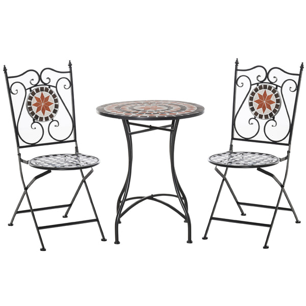 3 Pieces Garden Furniture Set, Bistro Set with 1 Ceramic Tile Round Table and 2 Foldable Chairs for Outdoor, Indoor, Patio, Balcony, Black