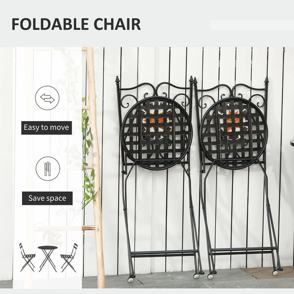 3 Pieces Garden Furniture Set, Bistro Set with 1 Ceramic Tile Round Table and 2 Foldable Chairs for Outdoor, Indoor, Patio, Balcony, Black