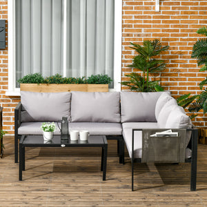 5 Seater Garden Corner Sofa Set, 4 Pieces Metal Garden Furniture Set with Loveseats, Glass Top Coffee Table, Breathable Mesh Pocket, Outdoor Conversation Furniture with Cushions, Light Grey