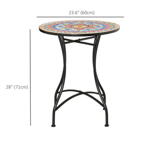 23.5" Mosaic Round Patio Table with Ceramic Tabletop, Metal Balcony Side Bistro Coffee Table, Outdoor Furniture for Patio Garden, Red
