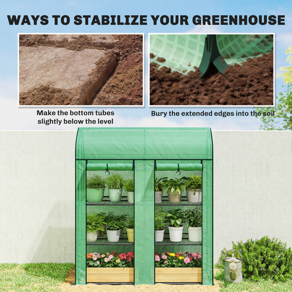3 Tier Mini Greenhouse, 56.3" x 18.1" x 65" Small Portable Greenhouse with 2 Roll-up Doors, Garden Plant Growhouse with PE Cover for Indoor Outdoor, Green