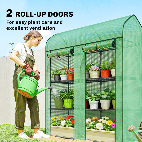 3 Tier Mini Greenhouse, 56.3" x 18.1" x 65" Small Portable Greenhouse with 2 Roll-up Doors, Garden Plant Growhouse with PE Cover for Indoor Outdoor, Green