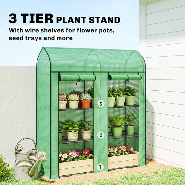 3 Tier Mini Greenhouse, 56.3" x 18.1" x 65" Small Portable Greenhouse with 2 Roll-up Doors, Garden Plant Growhouse with PE Cover for Indoor Outdoor, Green