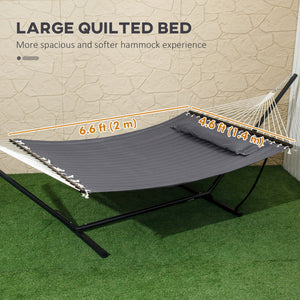 Quilted Double Hammock with Stand and Pillow, Heavy Duty 2 Person Hammock with Spreader Bars, Cotton Rope Hammock for Outdoor Camping Beach, Dark Grey