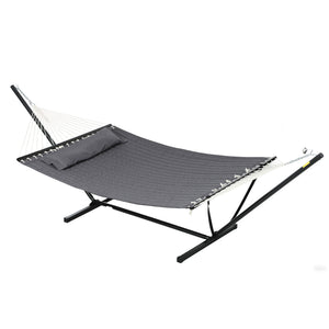 Quilted Double Hammock with Stand and Pillow, Heavy Duty 2 Person Hammock with Spreader Bars, Cotton Rope Hammock for Outdoor Camping Beach, Dark Grey