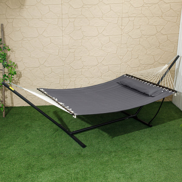 Quilted Double Hammock with Stand and Pillow, Heavy Duty 2 Person Hammock with Spreader Bars, Cotton Rope Hammock for Outdoor Camping Beach, Dark Grey