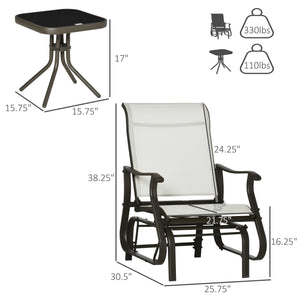 3PCs Glider Rocking Chairs with Table, Outdoor Gliders with Steel Frame, Mesh Seat, Tempered Glass Table Top for Patio, Garden, Backyard, Deck, Porch, Cream White