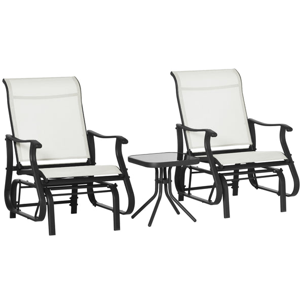 3PCs Glider Rocking Chairs with Table, Outdoor Gliders with Steel Frame, Mesh Seat, Tempered Glass Table Top for Patio, Garden, Backyard, Deck, Porch, Cream White