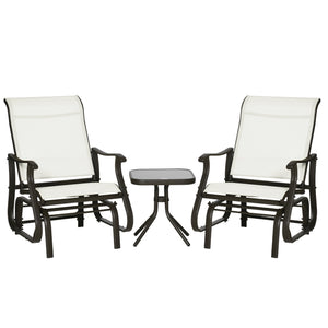 3PCs Glider Rocking Chairs with Table, Outdoor Gliders with Steel Frame, Mesh Seat, Tempered Glass Table Top for Patio, Garden, Backyard, Deck, Porch, Cream White