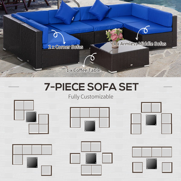 7 Piece Patio Furniture Set, PE Rattan Outdoor Conversation Set with Sectional Sofa, Glass Tabletop, Cushions and Pillows for Garden, Lawn, Deck, Dark Brown and Blue
