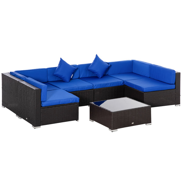 7 Piece Patio Furniture Set, PE Rattan Outdoor Conversation Set with Sectional Sofa, Glass Tabletop, Cushions and Pillows for Garden, Lawn, Deck, Dark Brown and Blue
